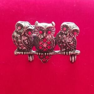Vintage Triple Owl Ring Adjustable Red Rhinestone Silver Tone Fashion